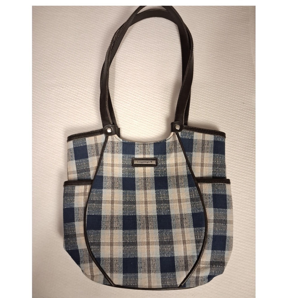 Longaberger Shoulder Bag Womens Medium Blue Plaid Excellent Homestead Tote
